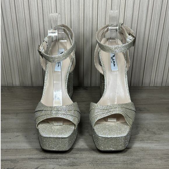 Nina Sand Glitter Shine Block-heel With Platform Stiletto Sandal Size 10M - Picture 3 of 15